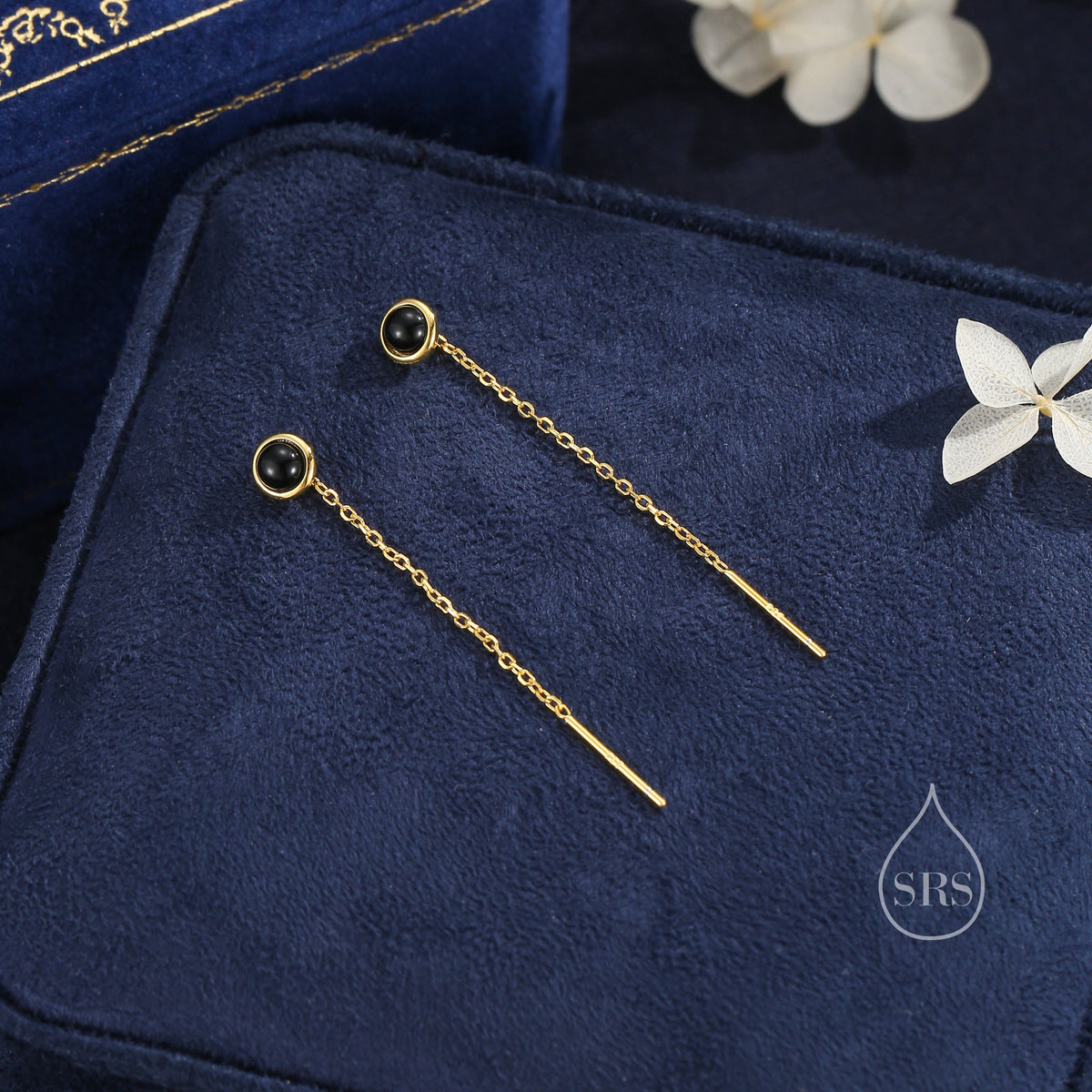 Genuine Black Onyx Dot Threader Earrings in Sterling Silver, Natural Black Onyx Ear Threaders, Silver or Gold, Chain Earrings