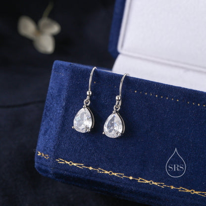 Pear Cut CZ Huggie Drop Earrings in Sterling Silver, Silver or Gold, Minimalist Droplet Dangle Earrings, Drop Earrings