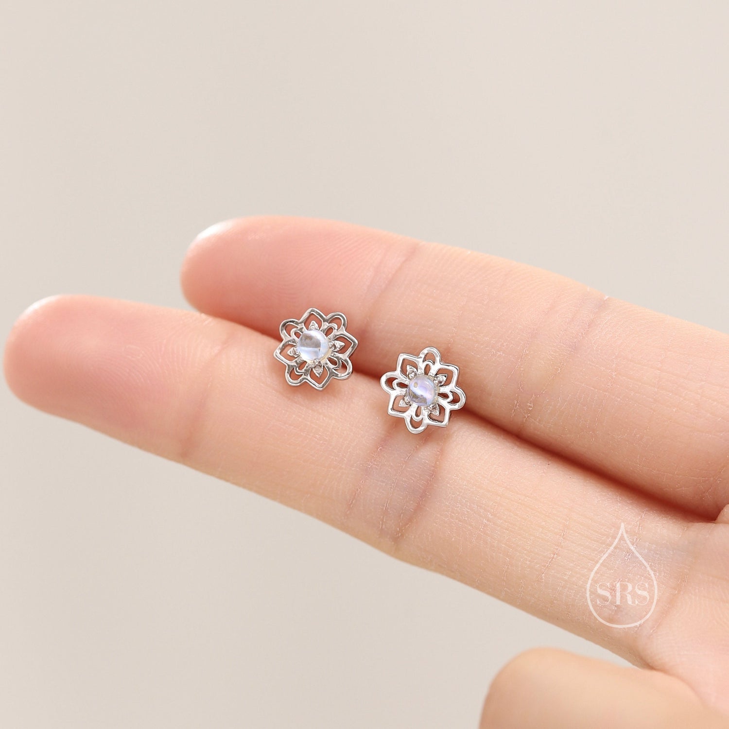 Vintage Style Moonstone Stud Earrings in Sterling Silver, Silver or Gold, Lab Moonstone Lace Earrings