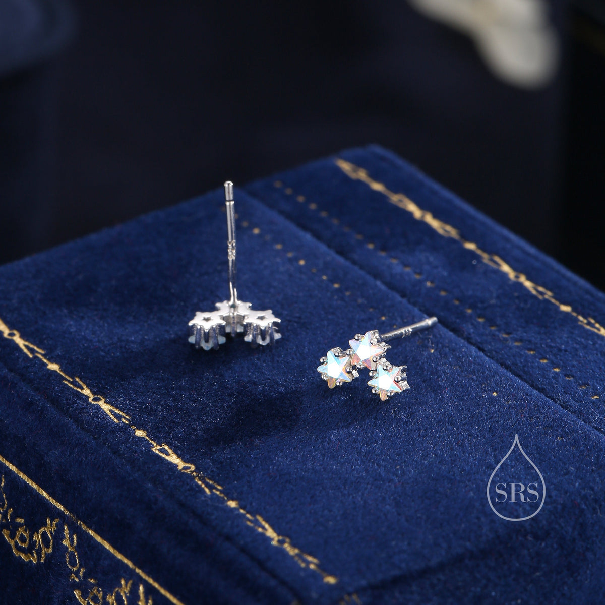 Tiny Star Aurora AB CZ Trio Stud Earrings in Sterling Silver, Silver, Gold or Rose Gold, Three Star Earrings, Sunburst Earrings, Celestial