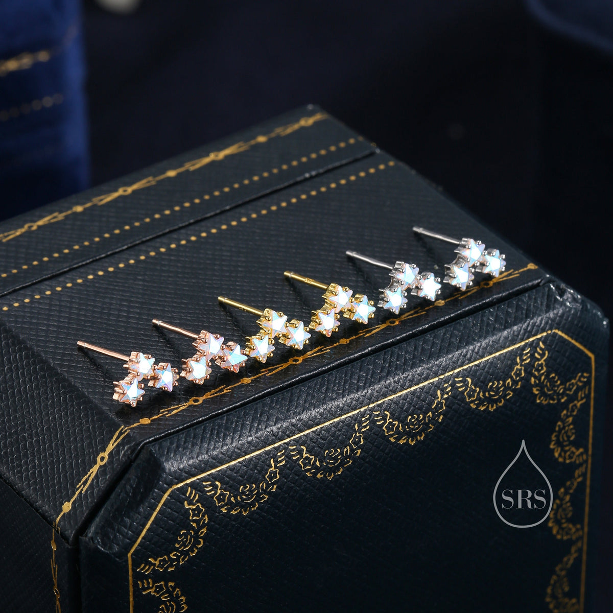 Tiny Star Aurora AB CZ Trio Stud Earrings in Sterling Silver, Silver, Gold or Rose Gold, Three Star Earrings, Sunburst Earrings, Celestial