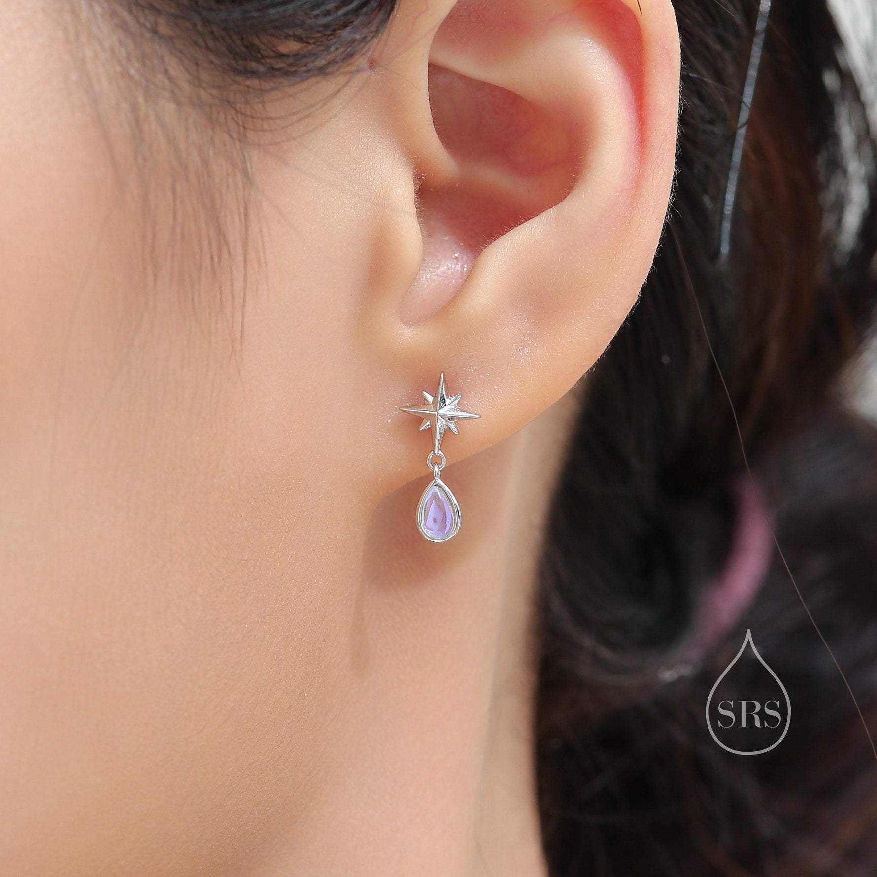 Tiny Starburst and Dangle Moonstone Stud Earrings in Sterling Silver, Silver, Gold or Rose Gold, Star Earrings, Sunburst Earrings, Celestial