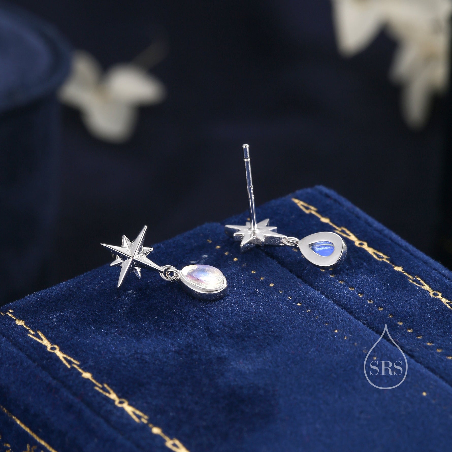 Tiny Starburst and Dangle Moonstone Stud Earrings in Sterling Silver, Silver, Gold or Rose Gold, Star Earrings, Sunburst Earrings, Celestial