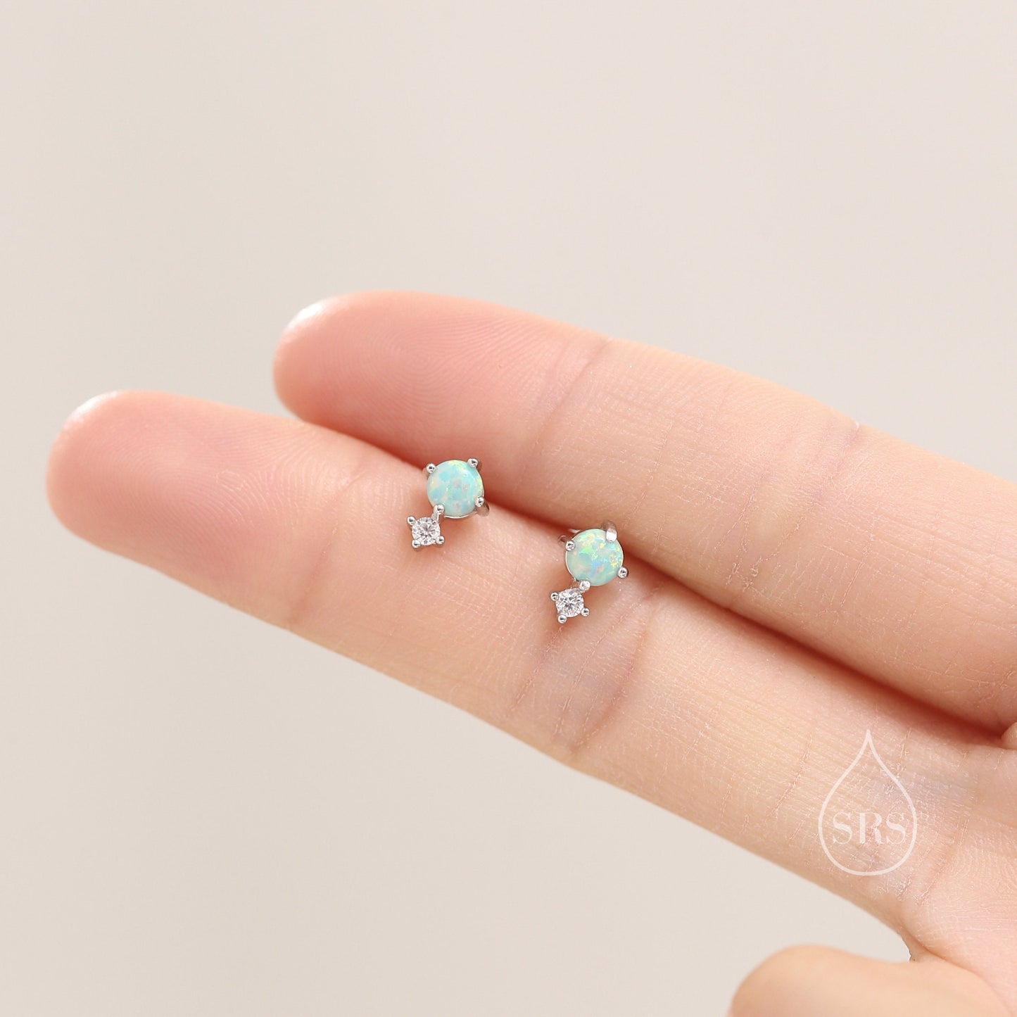 Sterling Silver Tiny White Opal and CZ Stud Earrings, Tiny Opal Earrings, Fire Opal, Lab Opal Stud