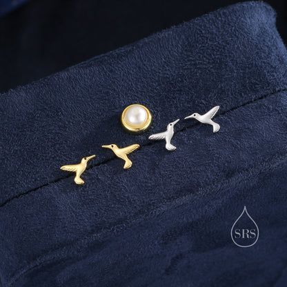 Hummingbird Stud Earrings in Sterling Silver, Silver or Gold, Flying Bird Earrings, Nature Inspired Animal Earrings