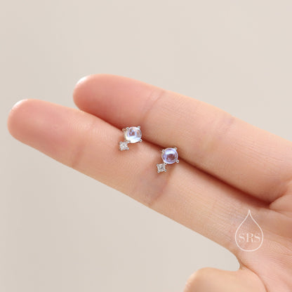 Sterling Silver Tiny Moonstone and CZ Stud Earrings, Tiny Moonstone Earrings, Lab Created Moonstone Earrings