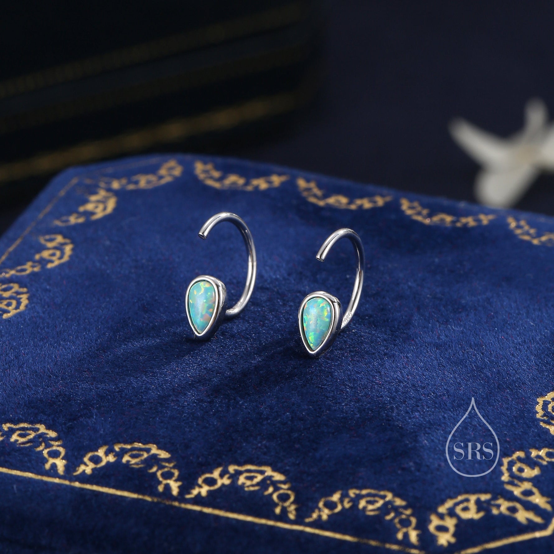 Aqua Green Droplet Opal Huggie Hoop Earrings in Sterling Silver, Opal Open Hoops, Opal Pull Through Threaders, Half Hoops, C Shape Hoops