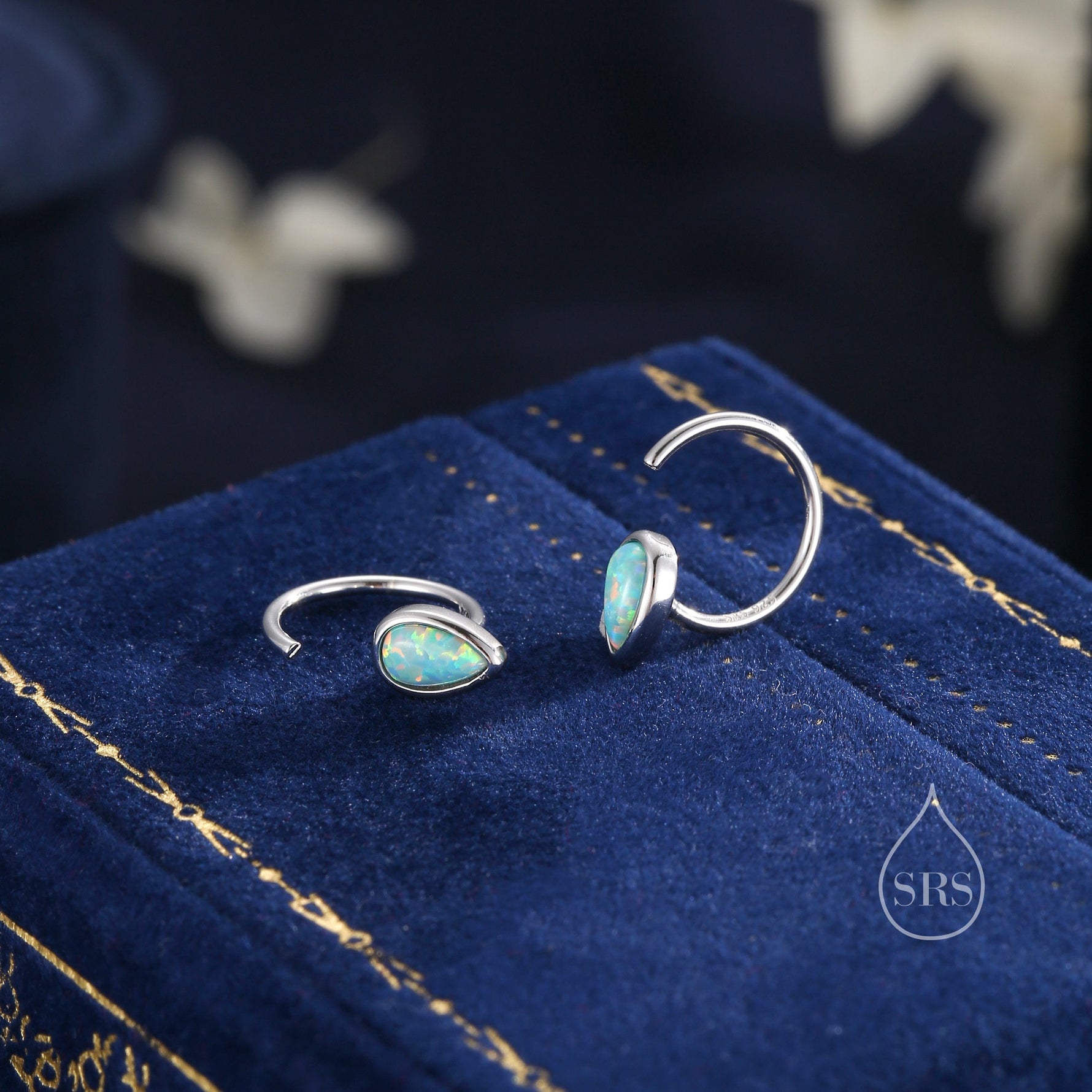 Aqua Green Droplet Opal Huggie Hoop Earrings in Sterling Silver, Opal Open Hoops, Opal Pull Through Threaders, Half Hoops, C Shape Hoops