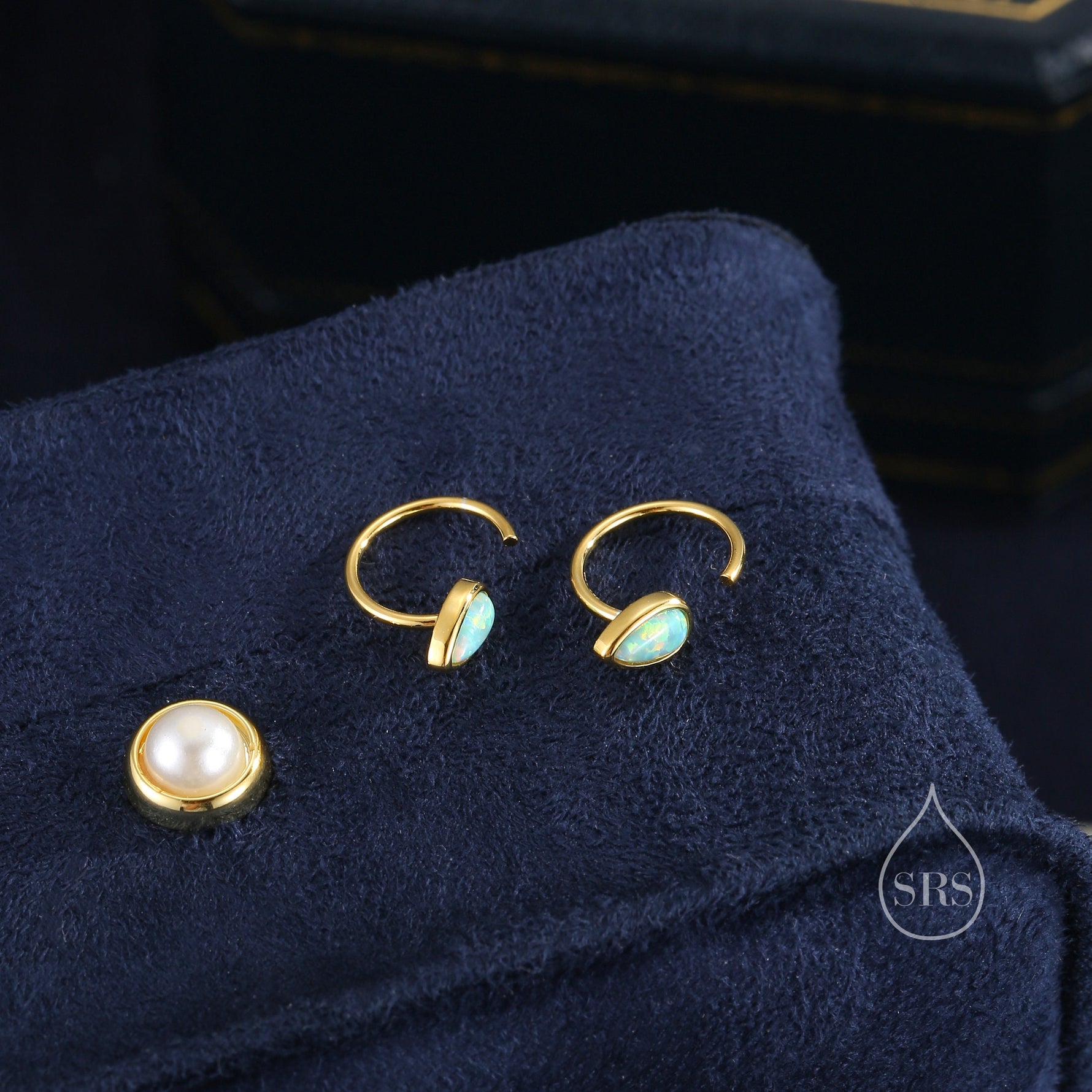 Aqua Green Droplet Opal Huggie Hoop Earrings in Sterling Silver, Opal Open Hoops, Opal Pull Through Threaders, Half Hoops, C Shape Hoops