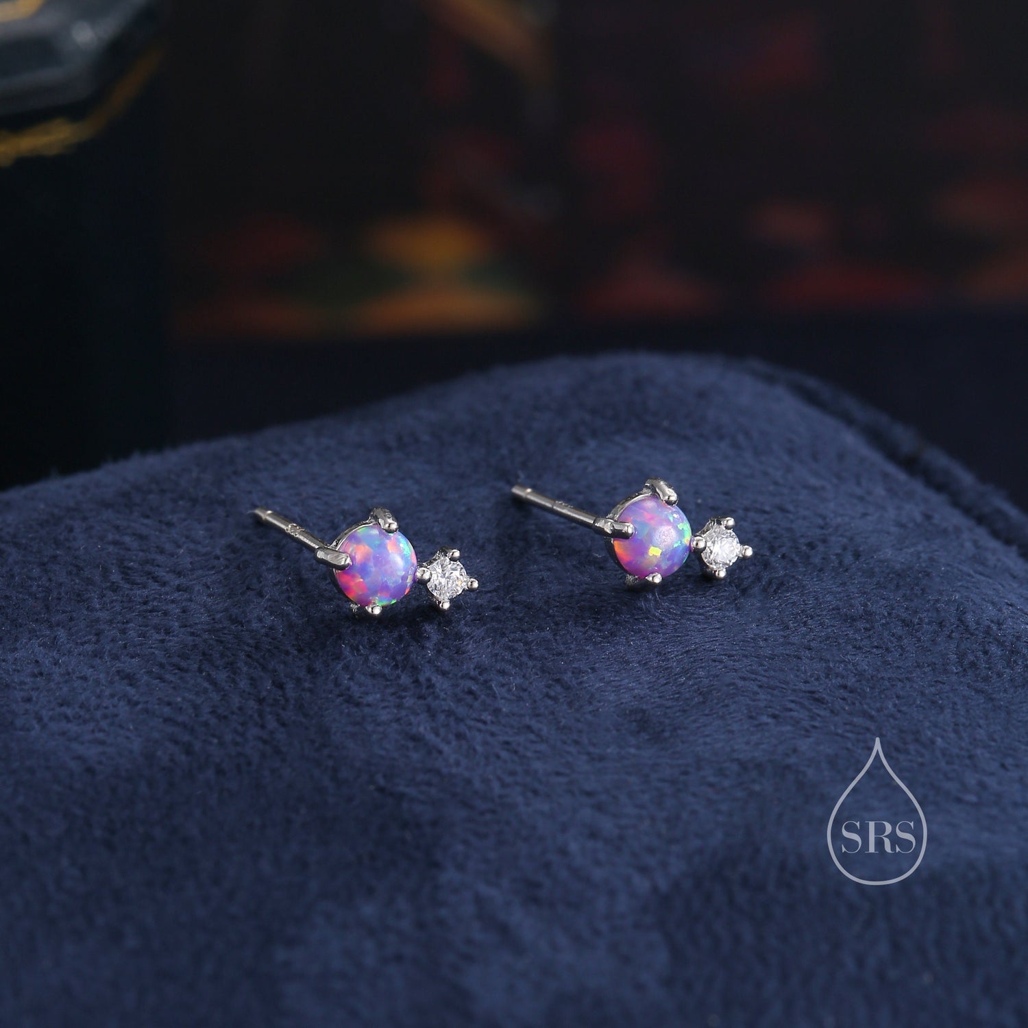 Sterling Silver Tiny Purple Opal and CZ Stud Earrings, Tiny Opal Earrings, Fire Opal, Lab Opal Stud