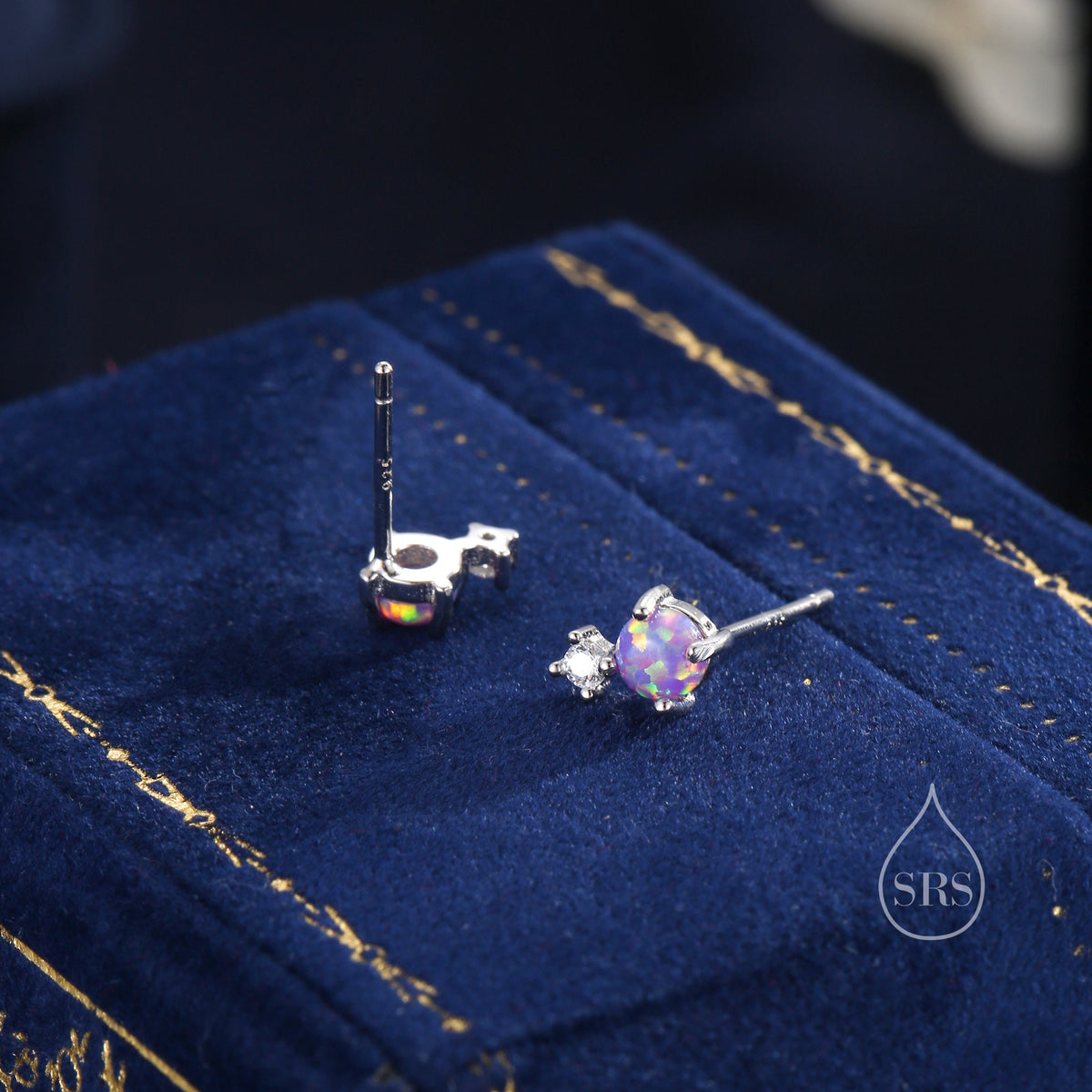 Sterling Silver Tiny Purple Opal and CZ Stud Earrings, Tiny Opal Earrings, Fire Opal, Lab Opal Stud