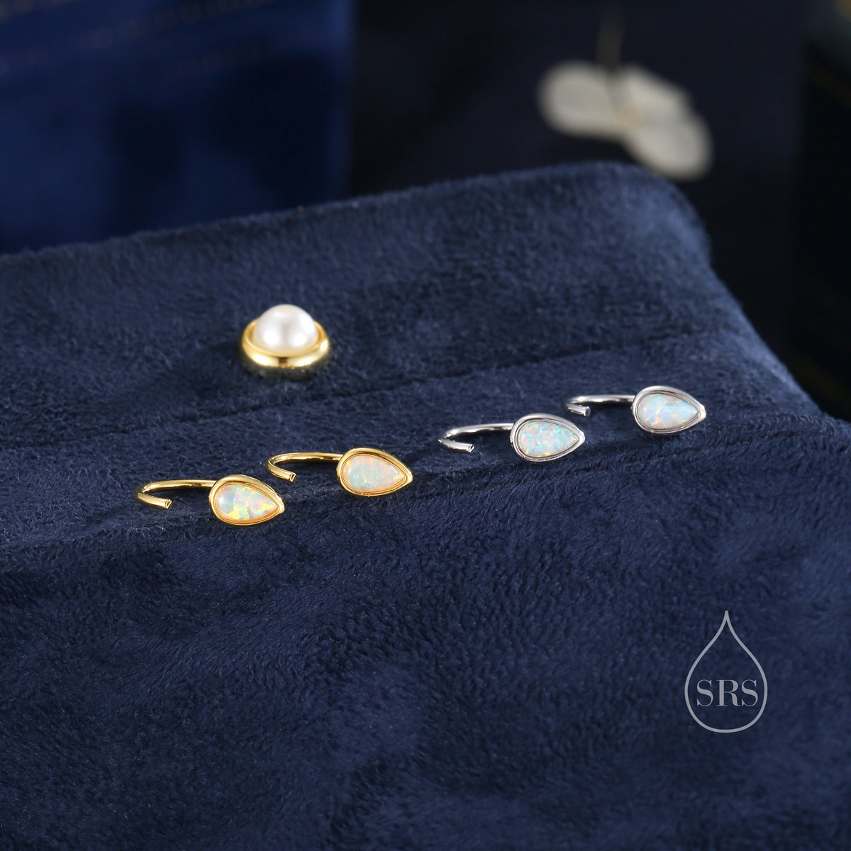 White Opal Droplet Opal Huggie Hoop Earrings in Sterling Silver, Opal Open Hoops, Opal Pull Through Threaders, Half Hoops, C Shape Hoops