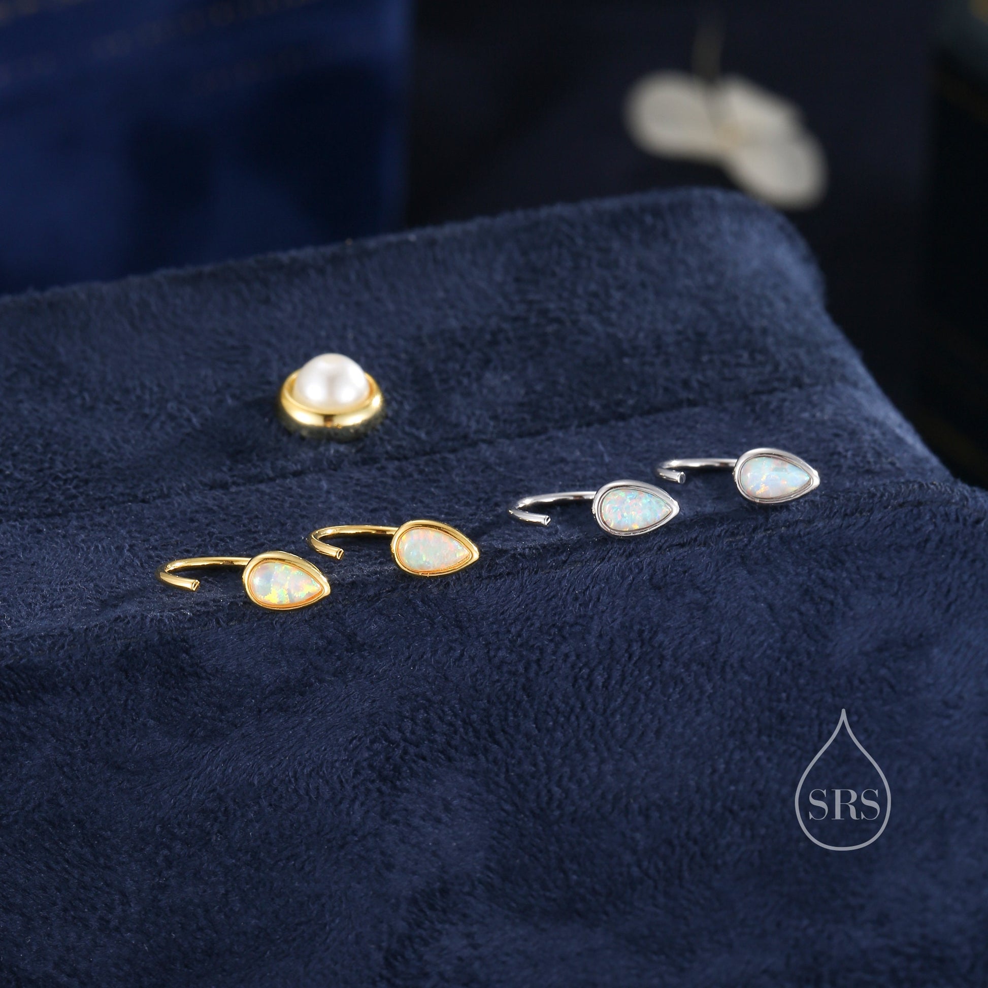 White Opal Droplet Opal Huggie Hoop Earrings in Sterling Silver, Opal Open Hoops, Opal Pull Through Threaders, Half Hoops, C Shape Hoops