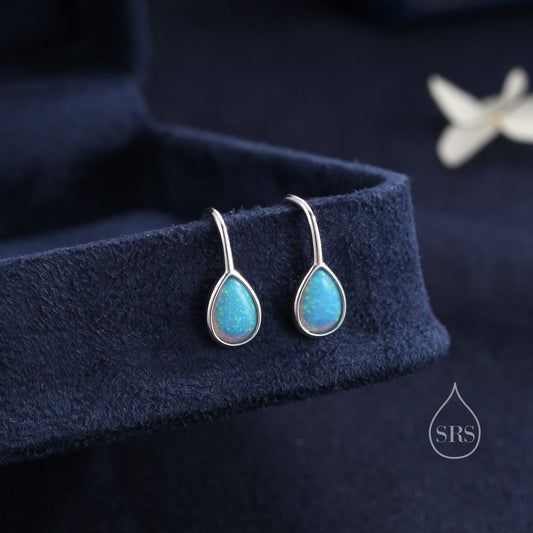 Blue Opal Droplet Drop Hook Earrings in Sterling Silver, Droplet Opal Drop Earrings, Pear Shape Opal Earrings, Opal Dangle Earrings