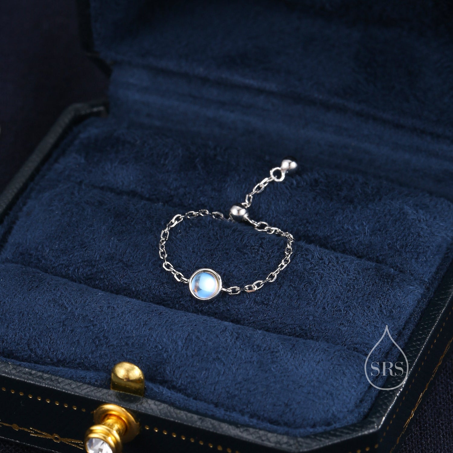 Sterling Silver Round Moonstone Soft Ring, Adjustable Size Lab Moonstone Chain Ring, Silver or Gold, Soft chain Ring in Sterling Silver