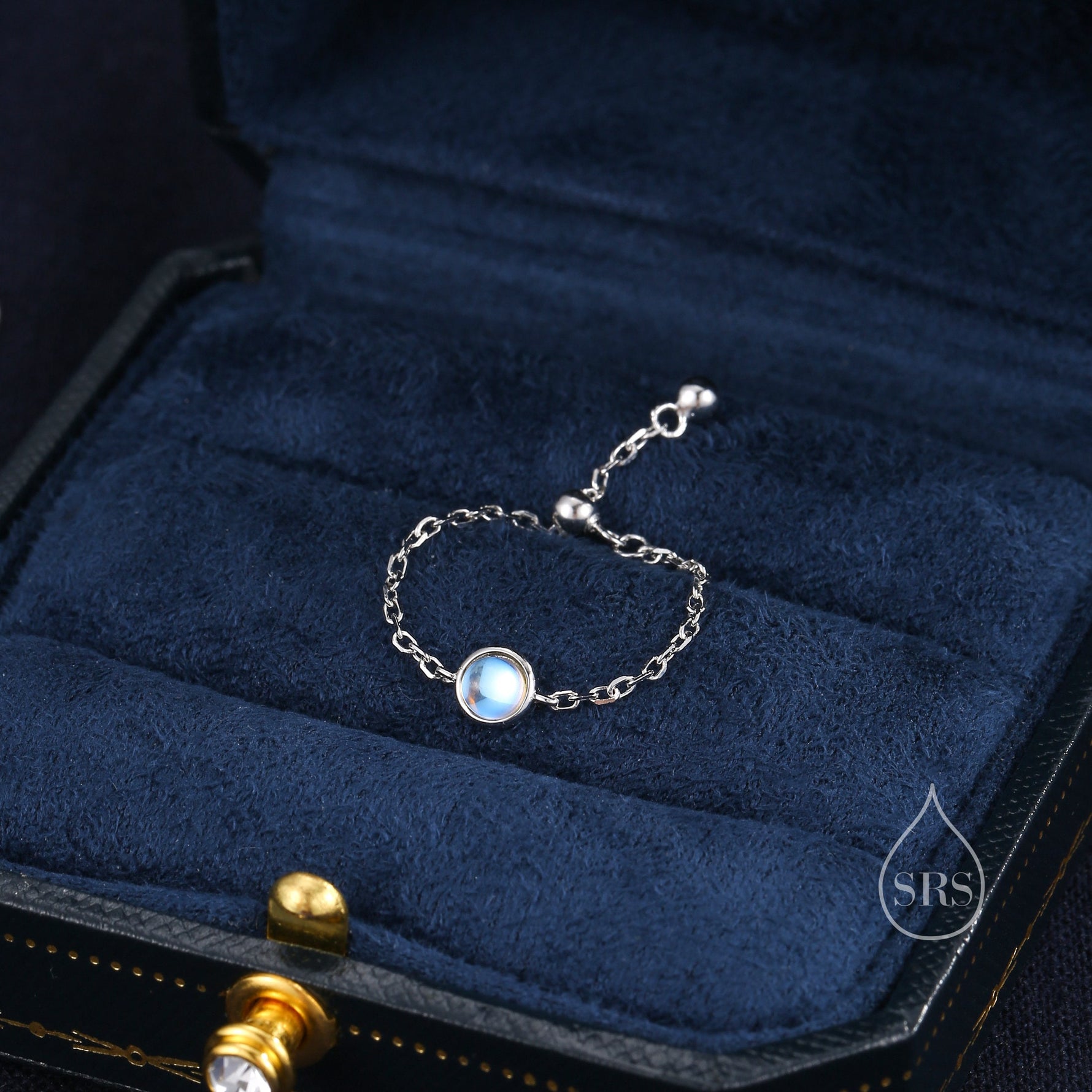 Sterling Silver Round Moonstone Soft Ring, Adjustable Size Lab Moonstone Chain Ring, Silver or Gold, Soft chain Ring in Sterling Silver