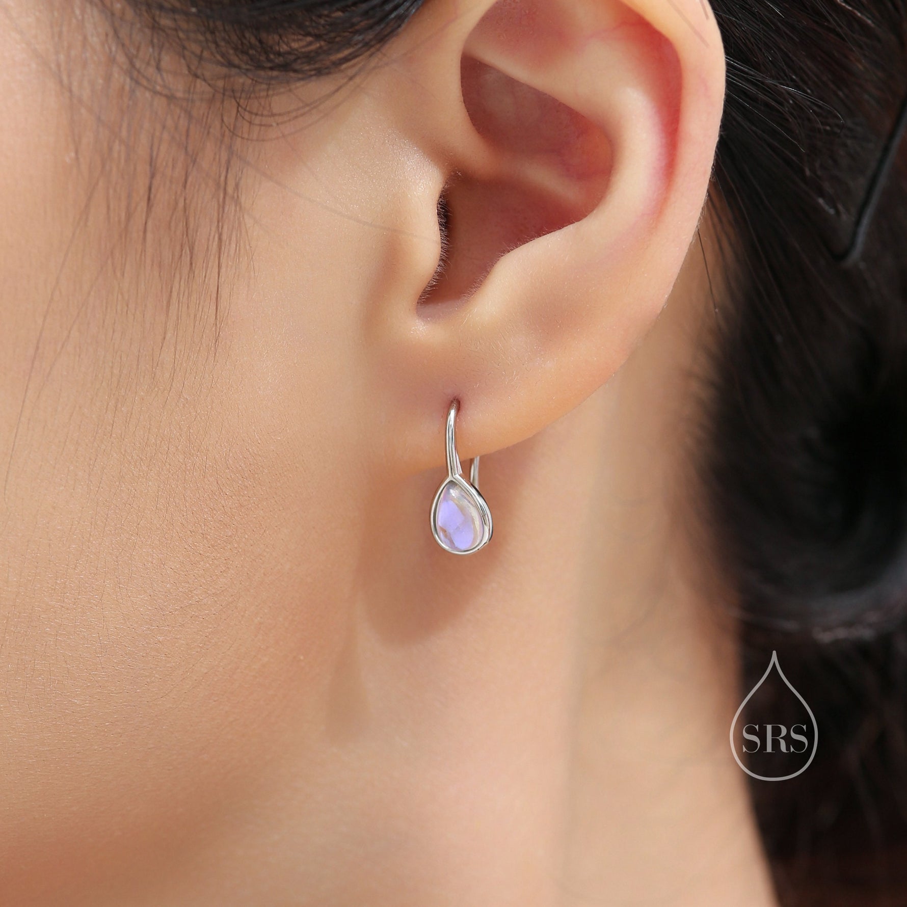 Moonstone Droplet Drop Hook Earrings in Sterling Silver, Droplet Opal Drop Earrings, Pear Shape Lab Moonstone Earrings, Moonstone Earrings
