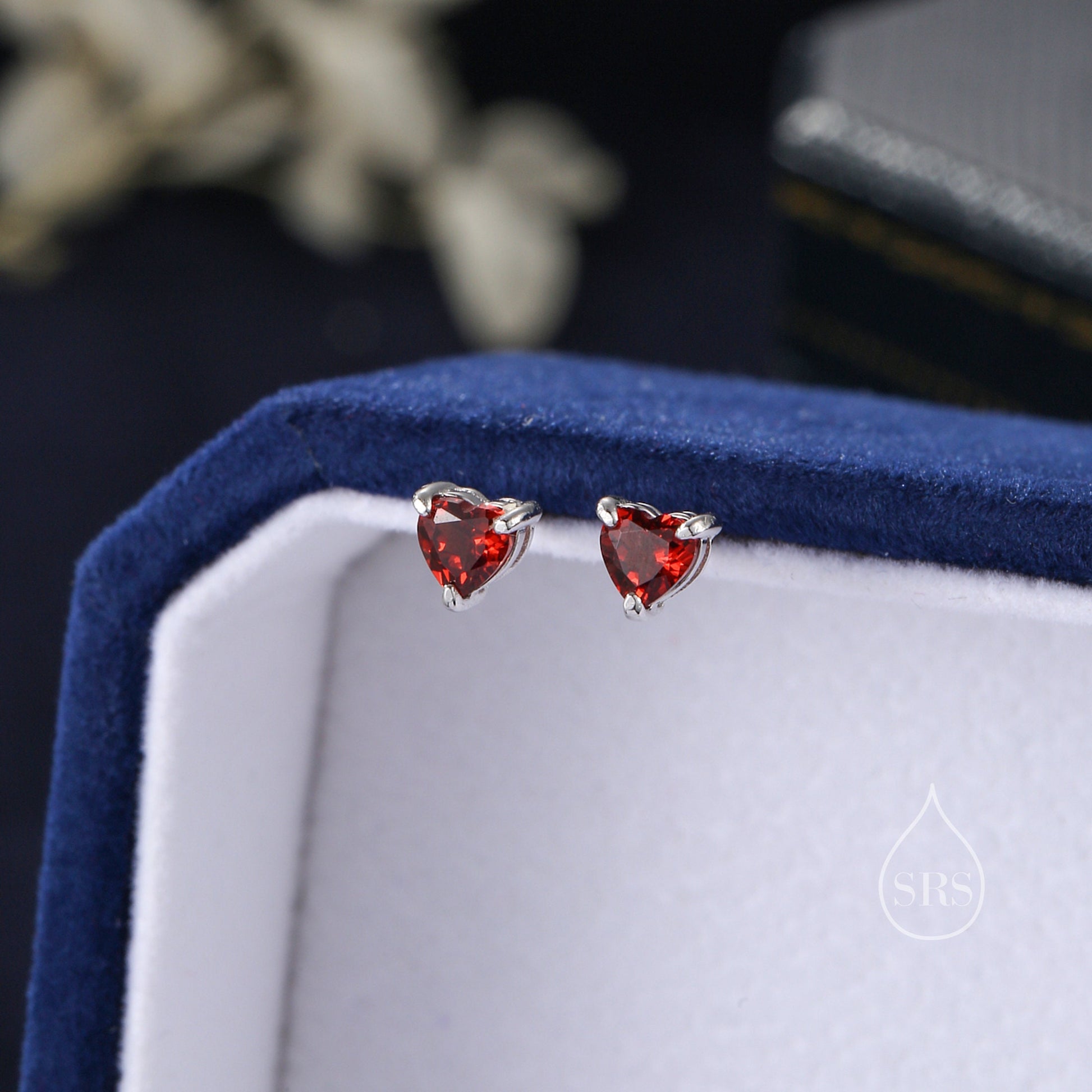 Natural Garnet Crystal Heart Stud Earrings in Sterling Silver,4mm or 5mm Crystal, Heart Stud Earrings, Tiny Heart Earrings