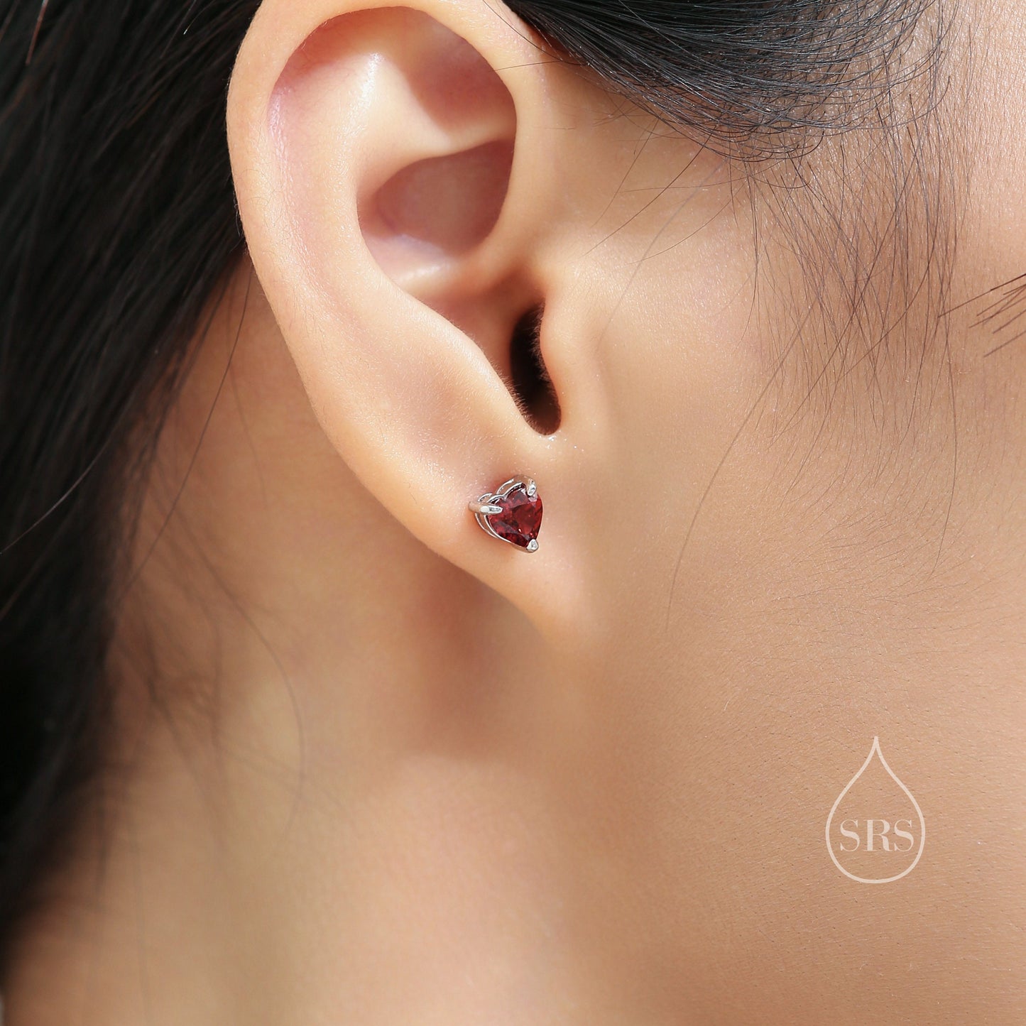 Natural Garnet Crystal Heart Stud Earrings in Sterling Silver,4mm or 5mm Crystal, Heart Stud Earrings, Tiny Heart Earrings