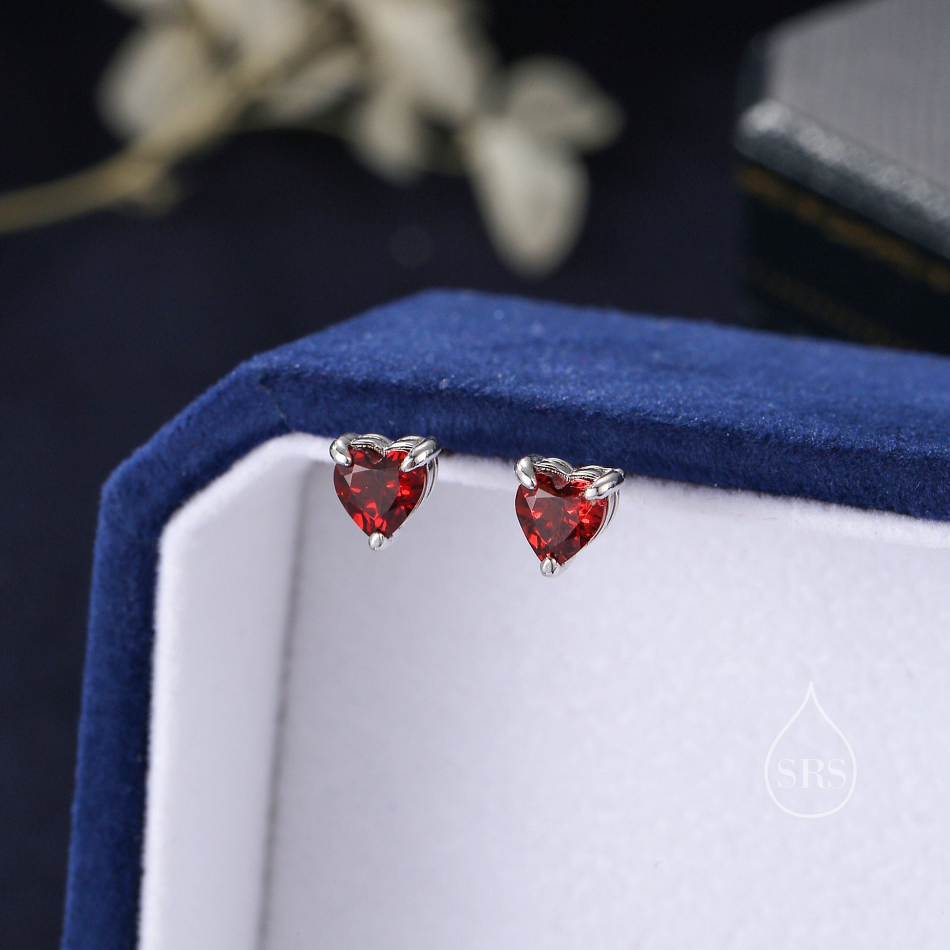Natural Garnet Crystal Heart Stud Earrings in Sterling Silver,4mm or 5mm Crystal, Heart Stud Earrings, Tiny Heart Earrings