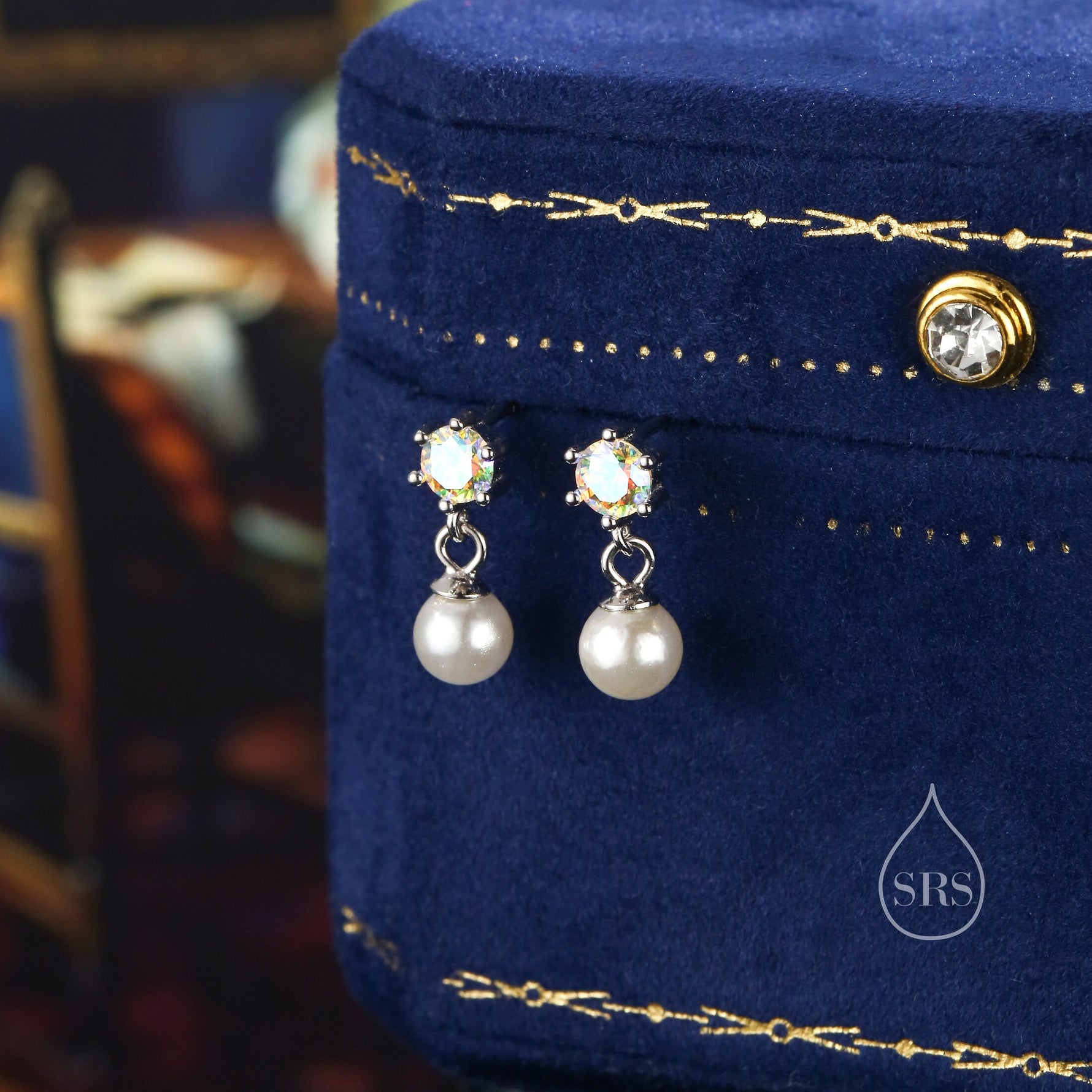 Aurora AB Crystal with Dangling Pearl Earrings in Sterling Silver, CZ and Pearl Drop Earrings, Lab Created Mother of Pearl Beads