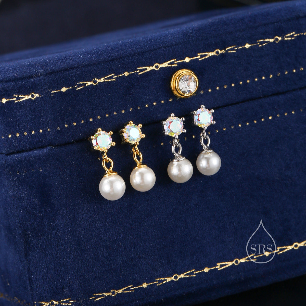 Aurora AB Crystal with Dangling Pearl Earrings in Sterling Silver, CZ and Pearl Drop Earrings, Lab Created Mother of Pearl Beads