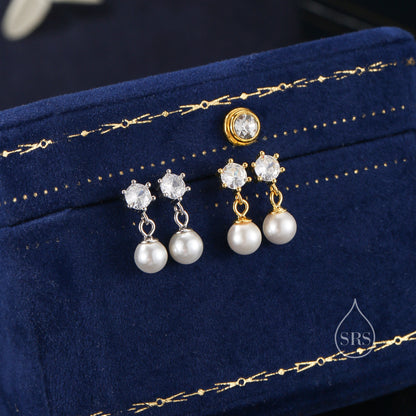 CZ Crystal with Dangling Pearl Earrings in Sterling Silver, CZ and Pearl Drop Earrings, Lab Created Mother of Pearl Beads