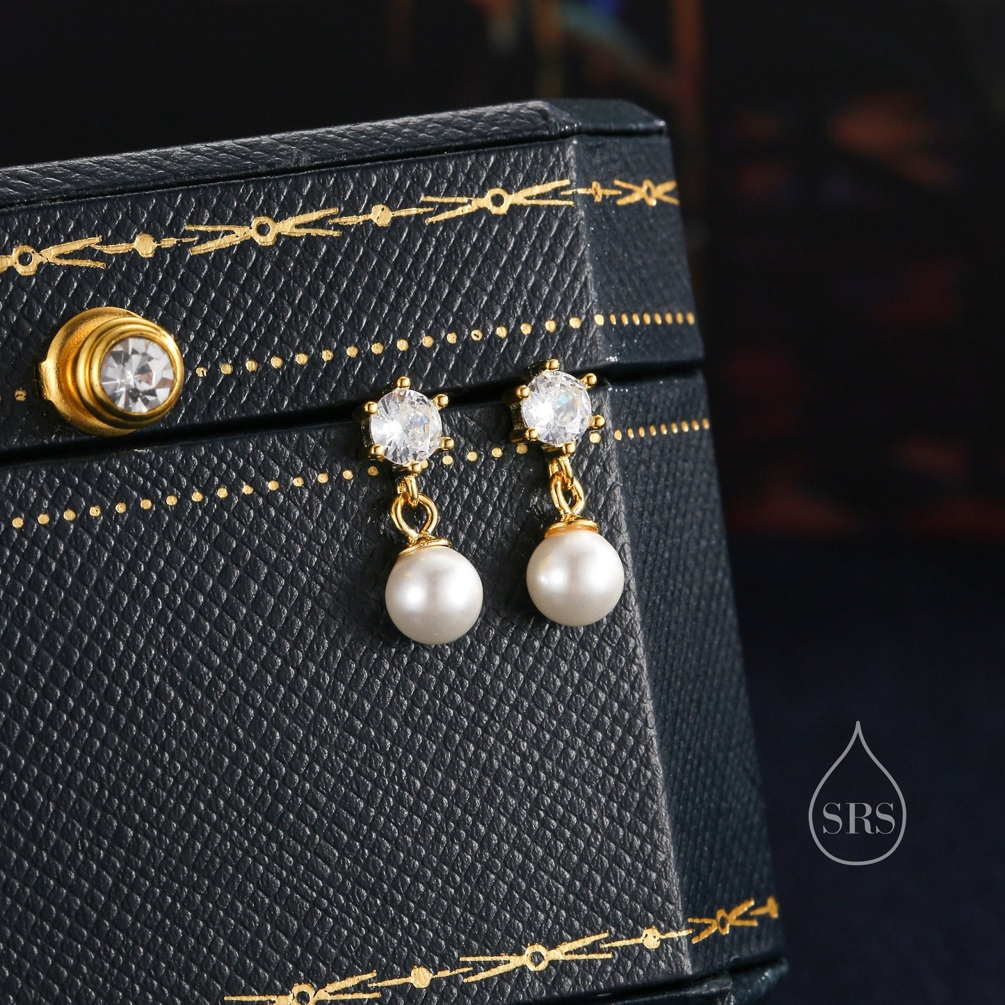 CZ Crystal with Dangling Pearl Earrings in Sterling Silver, CZ and Pearl Drop Earrings, Lab Created Mother of Pearl Beads