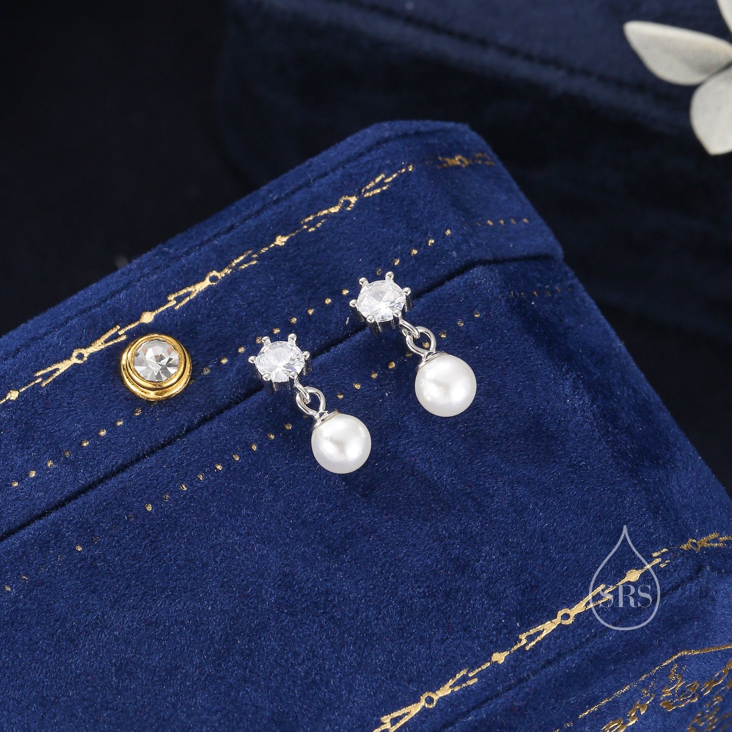 CZ Crystal with Dangling Pearl Earrings in Sterling Silver, CZ and Pearl Drop Earrings, Lab Created Mother of Pearl Beads