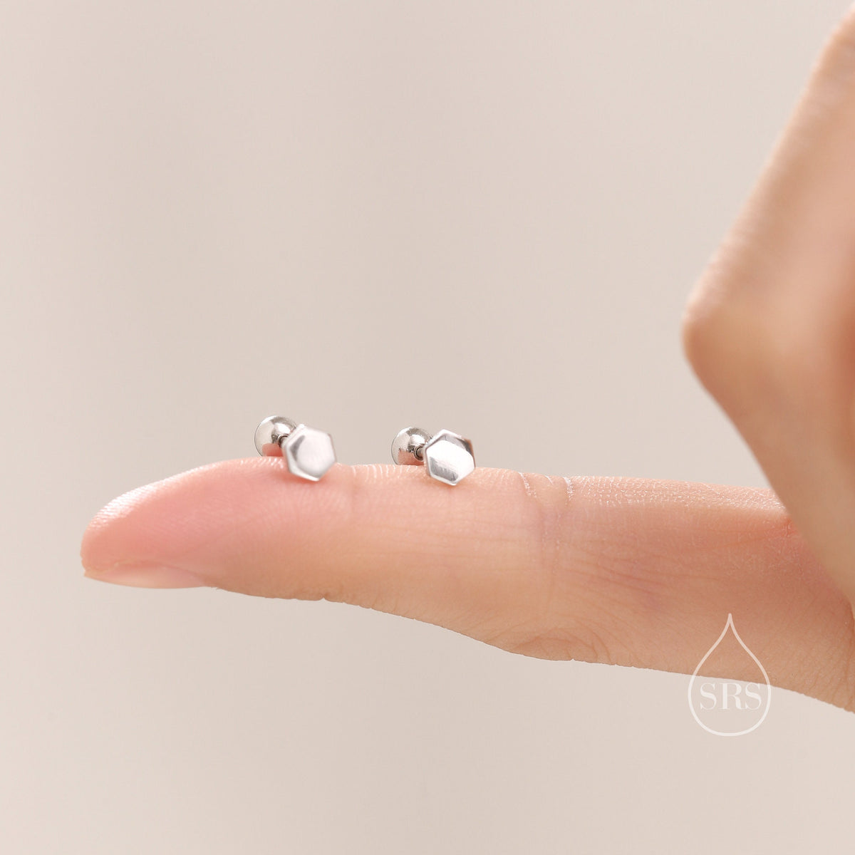 Tiny Hexagon Barbell Earrings in Sterling Silver, Silver or Gold, Screw Back Black Hexagon Earrings, Screwback Earrings