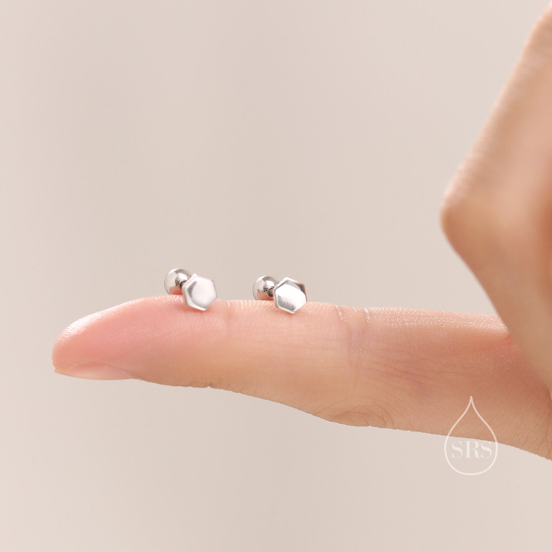 Tiny Hexagon Barbell Earrings in Sterling Silver, Silver or Gold, Screw Back Black Hexagon Earrings, Screwback Earrings