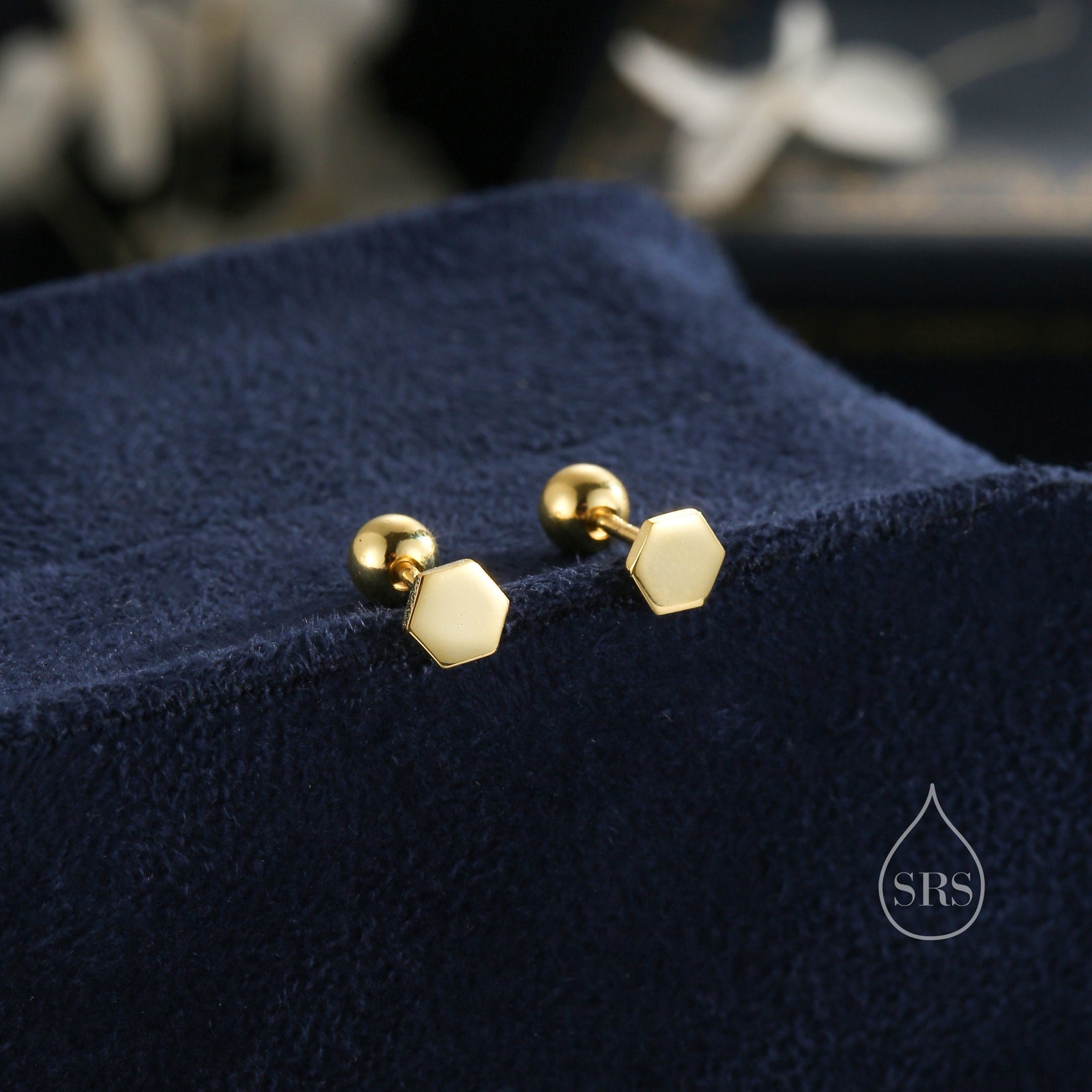 Tiny Hexagon Barbell Earrings in Sterling Silver, Silver or Gold, Screw Back Black Hexagon Earrings, Screwback Earrings