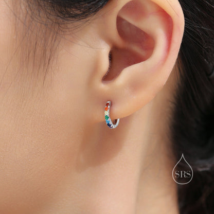 Rainbow CZ Huggie Hoops in Sterling Silver, Silver or Gold, Minimalist Hoop Earrings, 8mm Hoops, Gradient