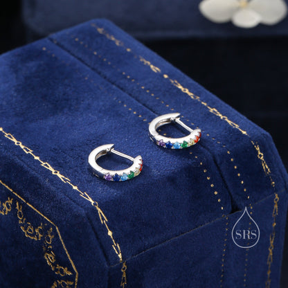 Rainbow CZ Huggie Hoops in Sterling Silver, Silver or Gold, Minimalist Hoop Earrings, 8mm Hoops, Gradient