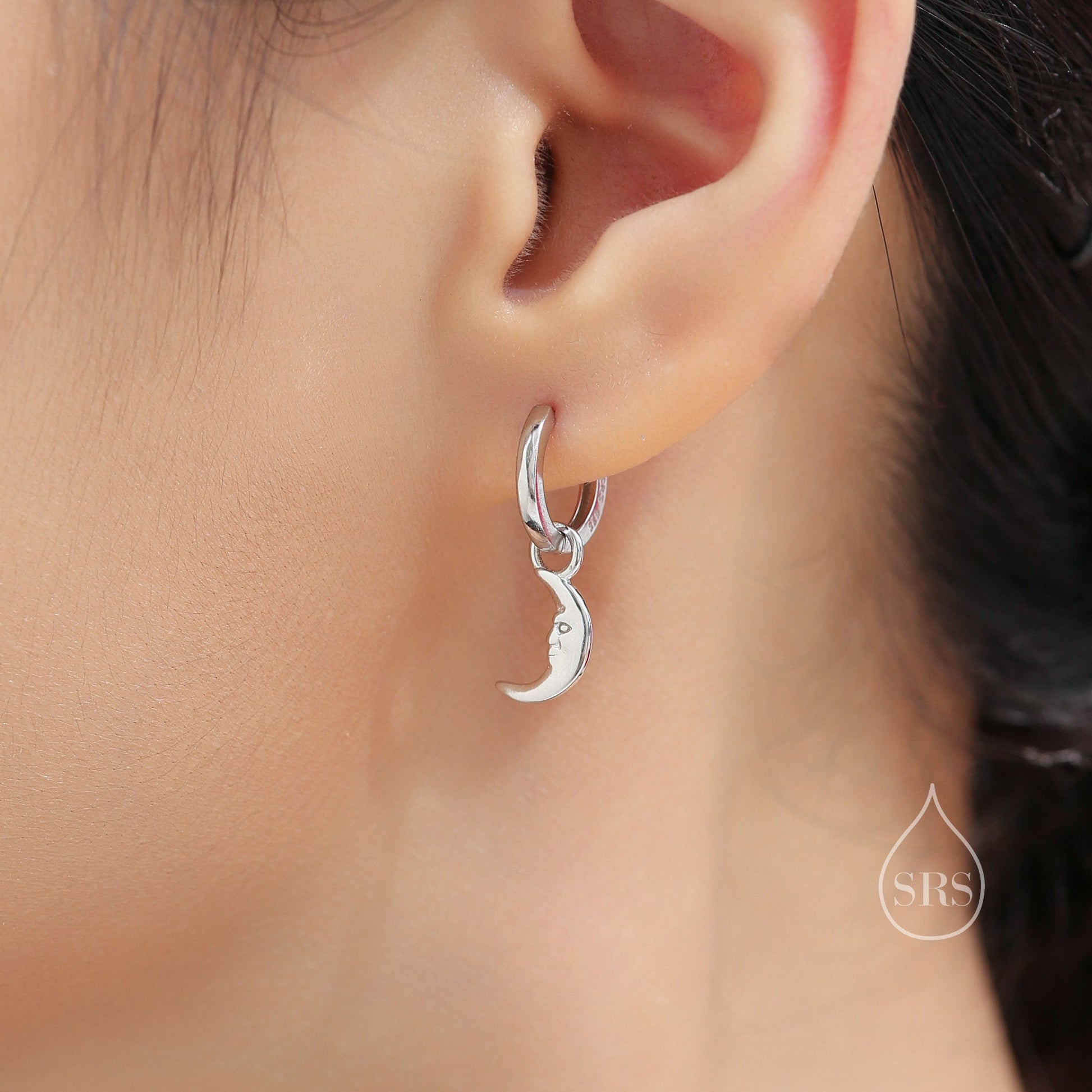 Dangling Sun and Moon with Face Hoop in Sterling Silver, Mismatched Pair, Silver or Gold, Sun Face Earrings, Detachable and Interchangeable