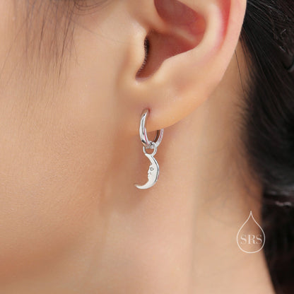 Dangling Sun and Moon with Face Hoop in Sterling Silver, Mismatched Pair, Silver or Gold, Sun Face Earrings, Detachable and Interchangeable