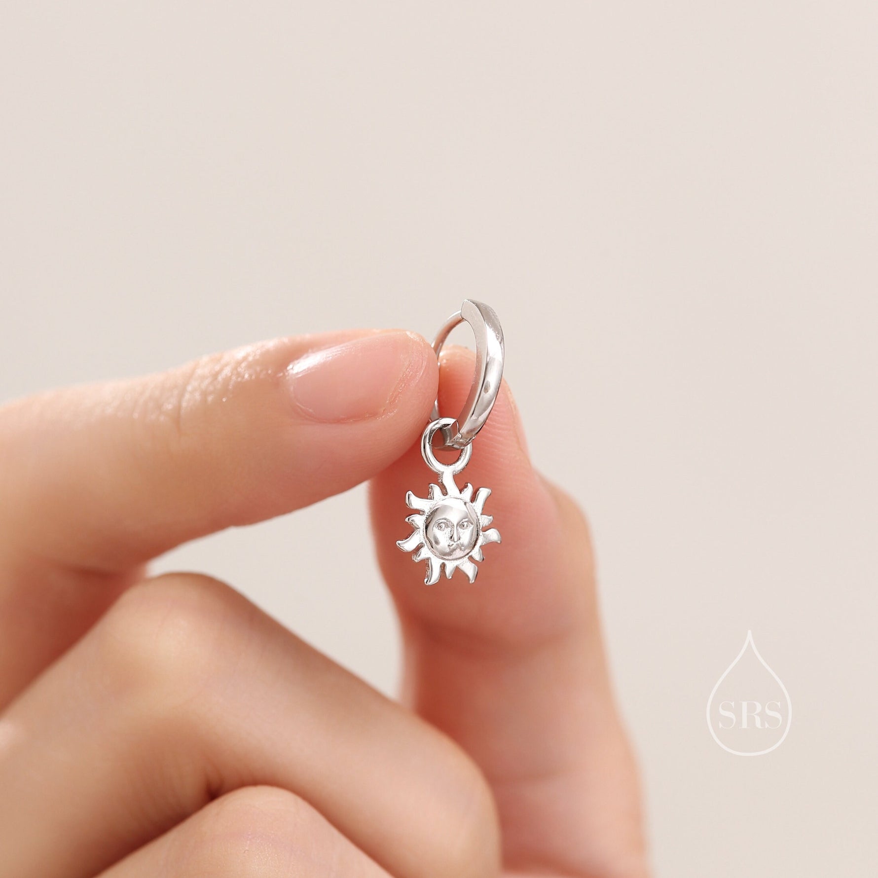Dangling Sun with Face Hoop in Sterling Silver, Silver or Gold, Sun Face Earrings, Detachable and Interchangeable