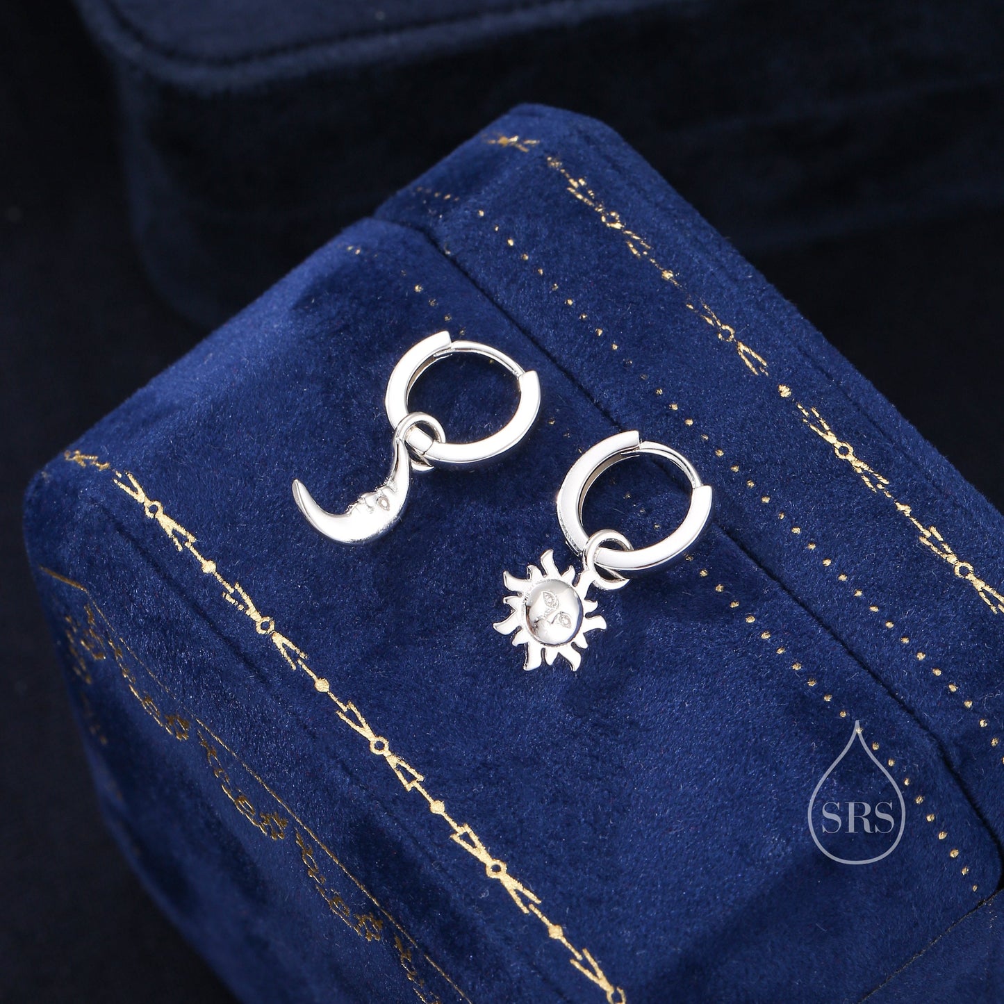 Dangling Sun and Moon with Face Hoop in Sterling Silver, Mismatched Pair, Silver or Gold, Sun Face Earrings, Detachable and Interchangeable