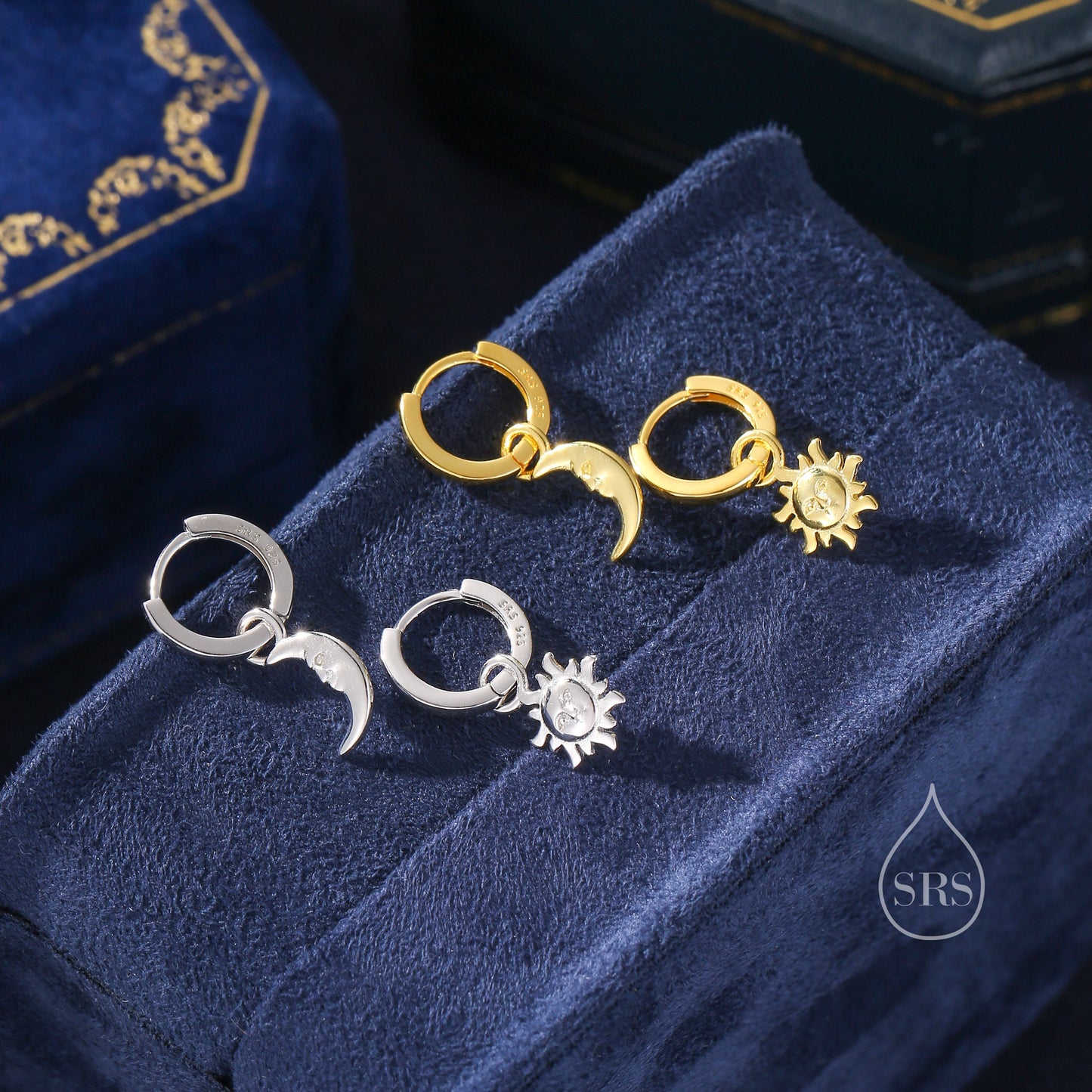 Dangling Sun and Moon with Face Hoop in Sterling Silver, Mismatched Pair, Silver or Gold, Sun Face Earrings, Detachable and Interchangeable