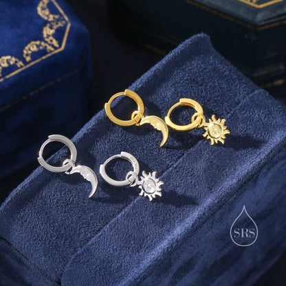 Dangling Sun and Moon with Face Hoop in Sterling Silver, Mismatched Pair, Silver or Gold, Sun Face Earrings, Detachable and Interchangeable
