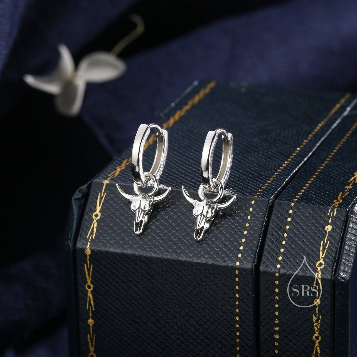 Tiny Bull Skull Huggie Hoop Earrings in Sterling Silver, Bull Skull Earrings, Animal Skull Dangle Hoops, Animal Earrings