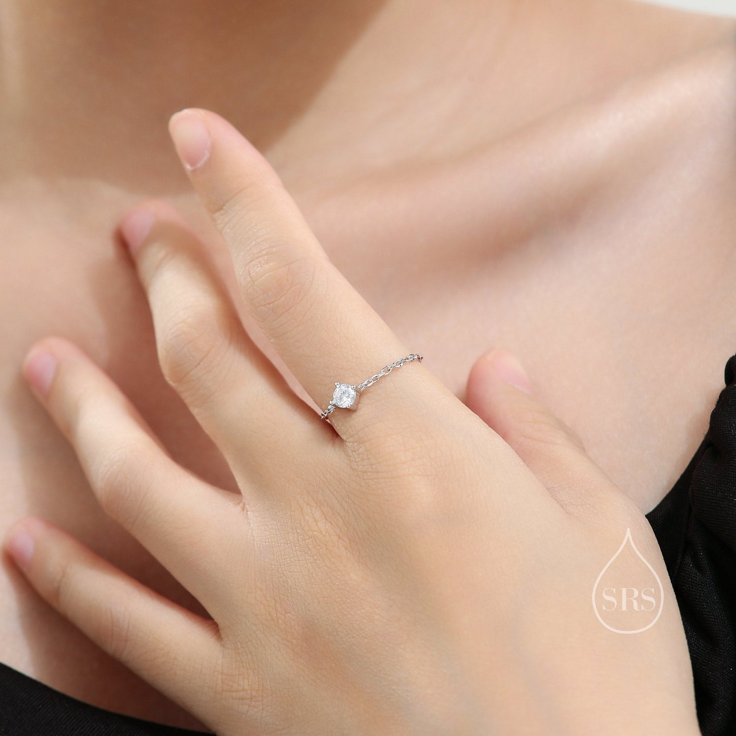 Sterling Silver Sparkly CZ Soft Ring, Adjustable Size Crystal Chain Ring, Silver or Gold, Soft chain Ring in Sterling Silver