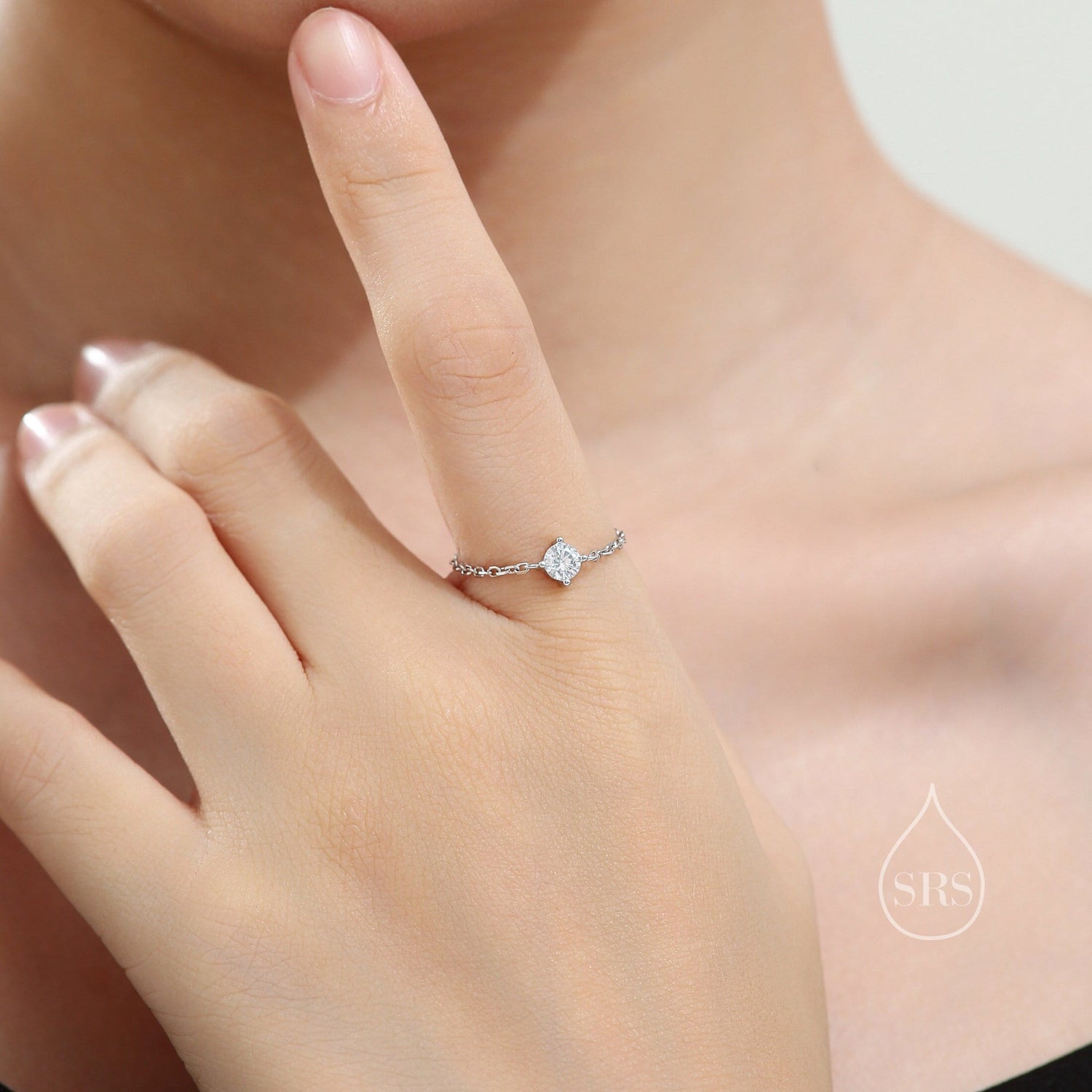 Sterling Silver Sparkly CZ Soft Ring, Adjustable Size Crystal Chain Ring, Silver or Gold, Soft chain Ring in Sterling Silver