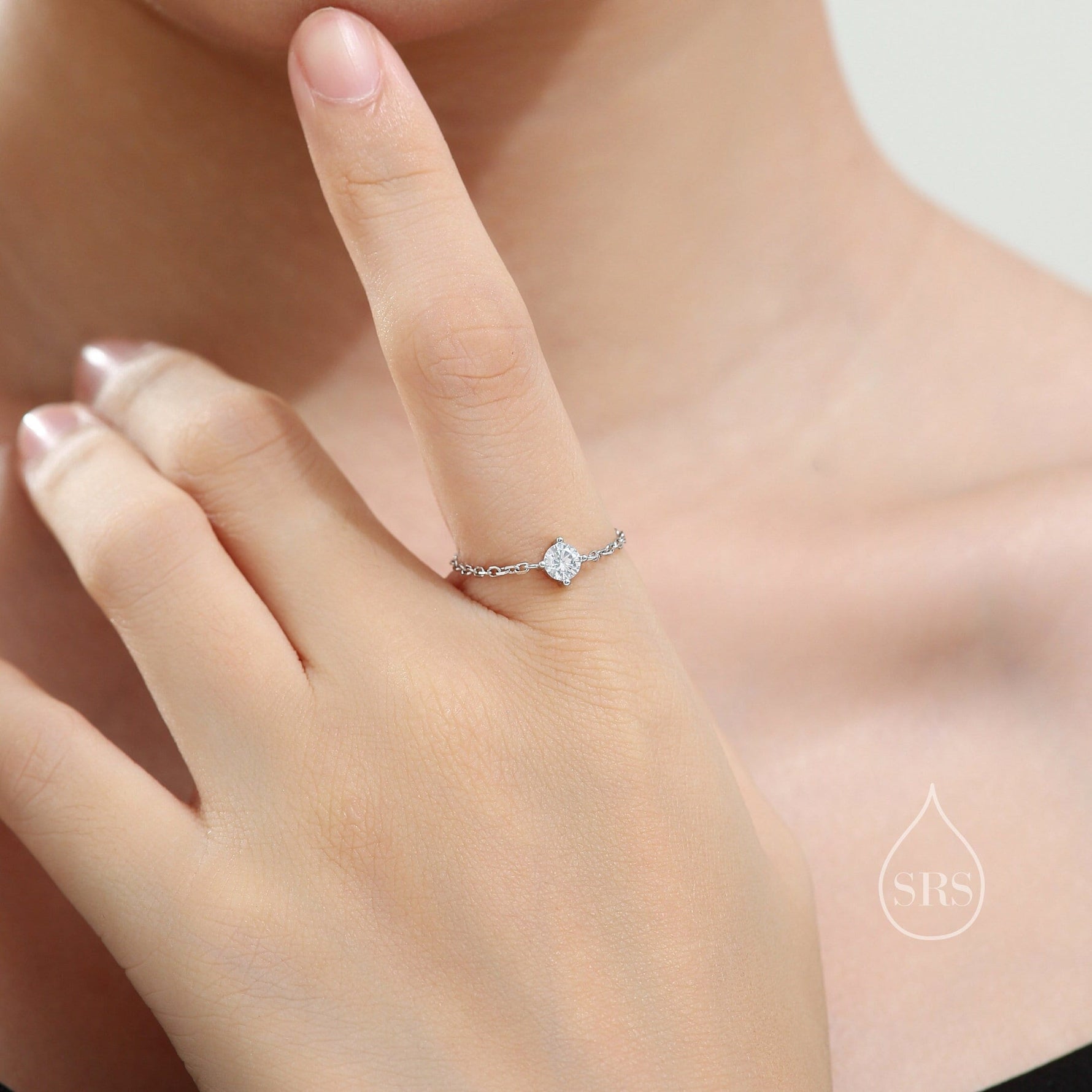 Sterling Silver Sparkly CZ Soft Ring, Adjustable Size Crystal Chain Ring, Silver or Gold, Soft chain Ring in Sterling Silver