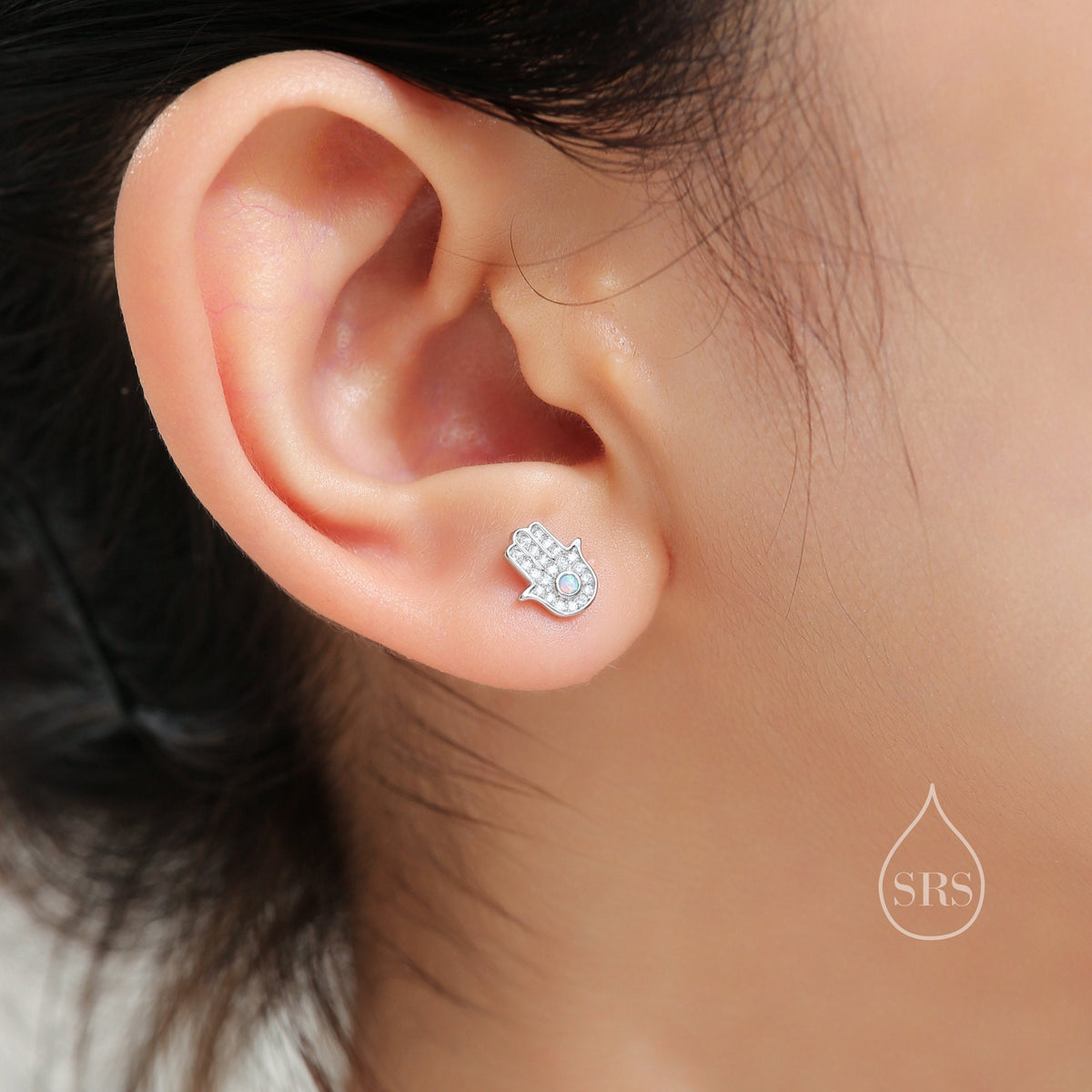 Blue Opal Hamsa Hand Stud Earrings