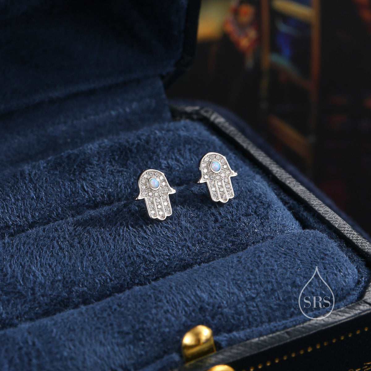 Blue Opal Hamsa Hand Stud Earrings