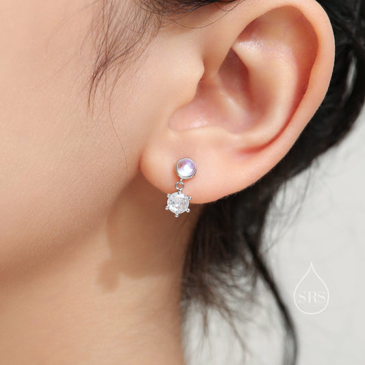 Moonstone and CZ Dangle Stud Earrings in Sterling Silver, Round Moonstone and CZ, Silver or Gold, Two CZ Prong Set Earrings