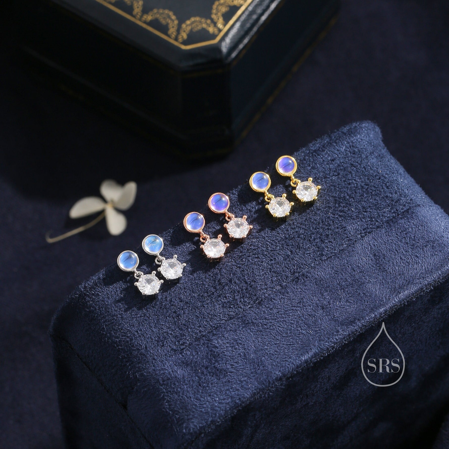 Moonstone and CZ Dangle Stud Earrings in Sterling Silver, Round Moonstone and CZ, Silver or Gold, Two CZ Prong Set Earrings