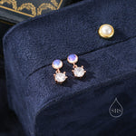 Moonstone and CZ Dangle Stud Earrings in Sterling Silver, Round Moonstone and CZ, Silver or Gold, Two CZ Prong Set Earrings