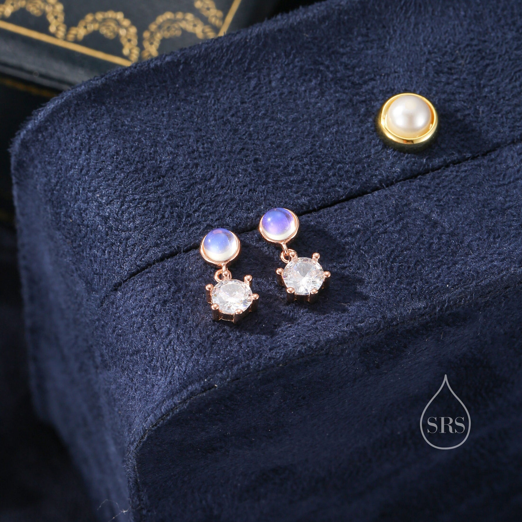 Moonstone and CZ Dangle Stud Earrings in Sterling Silver, Round Moonstone and CZ, Silver or Gold, Two CZ Prong Set Earrings
